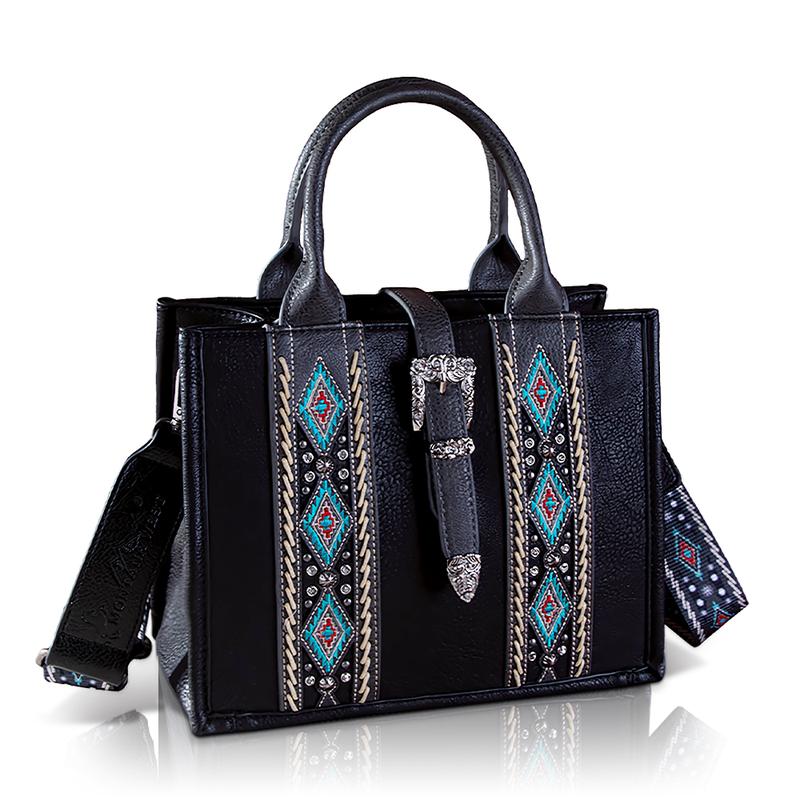 Montana West [MegaLive] Fashion Whipstitch Concealed Carry Tote Embroidery Stylish Rivets Crossbody Bag with Top Buckle