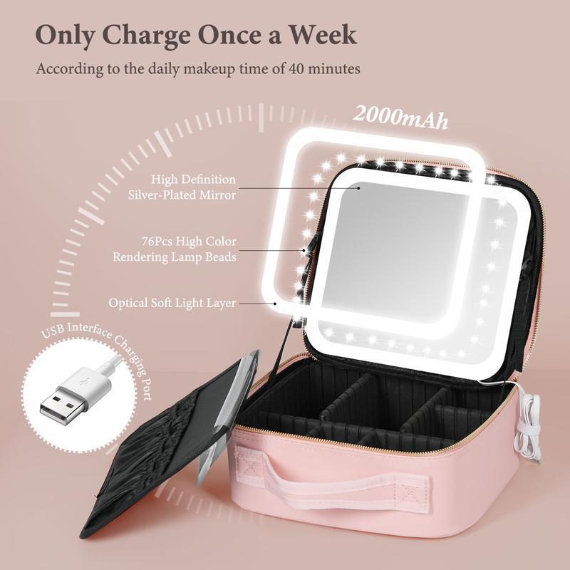 Makeup Bag with LED Mirror, 1 2 Counts Portable Large Capacity Cosmetic Makeup Containers Set Storage Bag with Adjustable Brightness LED Light, Travel Makeup Organizer