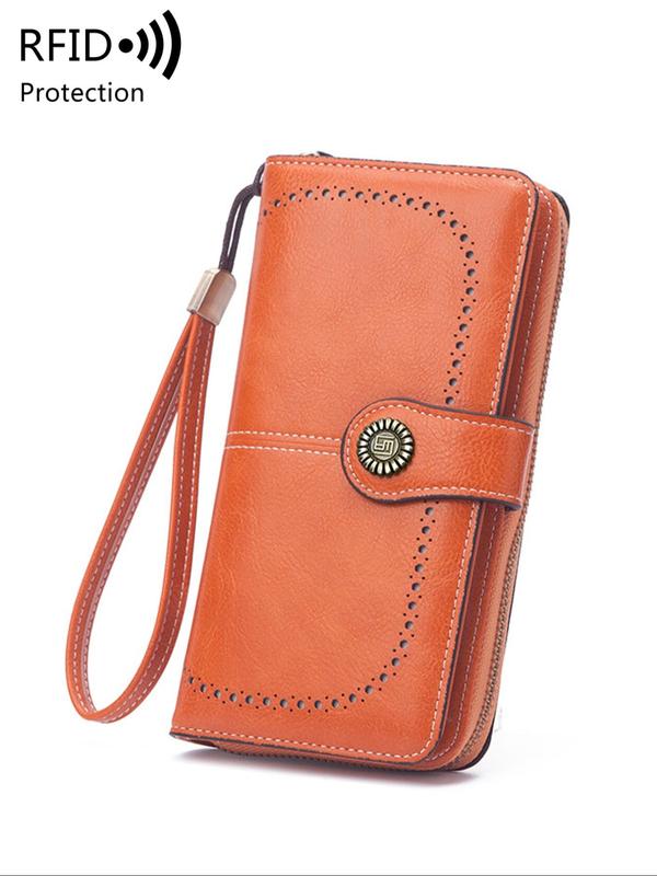 Solid Color Flower Buckle Long Wallet with RFID Protection, Vintage Multi-functional Coin Purse with Zipper & Wristband, Casual Versatile Pu Leather Wallet for Women