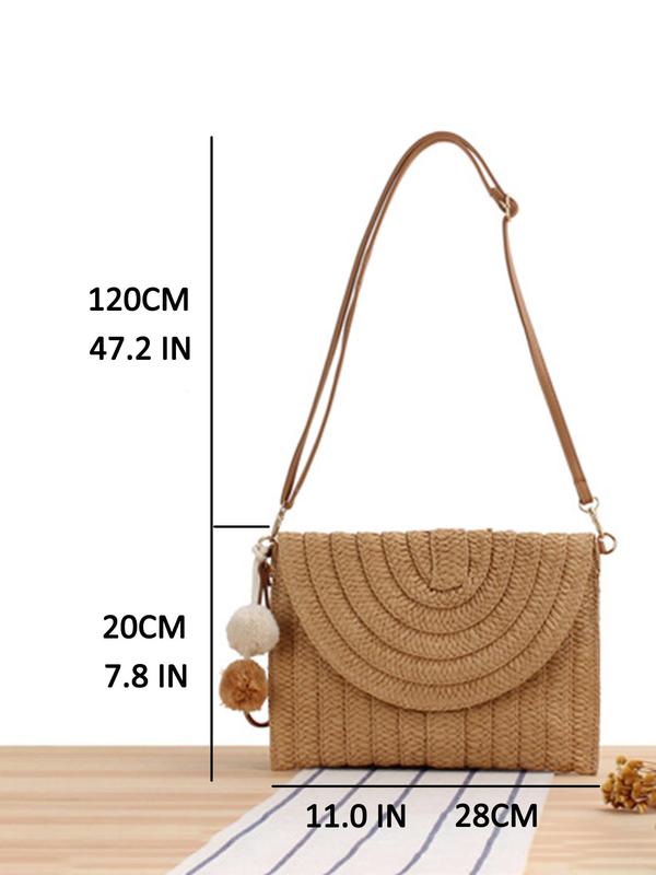 Women's Minimalist Envelop Design Straw Clutch Bag, Boho Style Clutch Bag with Pom Pom Charm, Two Way Use Bag, Fashionable Crossbody Bag for Daily Use