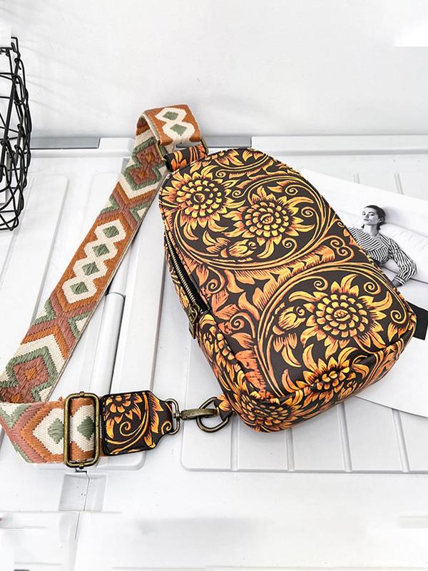 Women's Vintage Random Print Fanny Pack,  2024 New Style Casual Zipper Sling Bag with Adjustable Strap for Daily Used, Trendy All-match Sling Bag for Girls