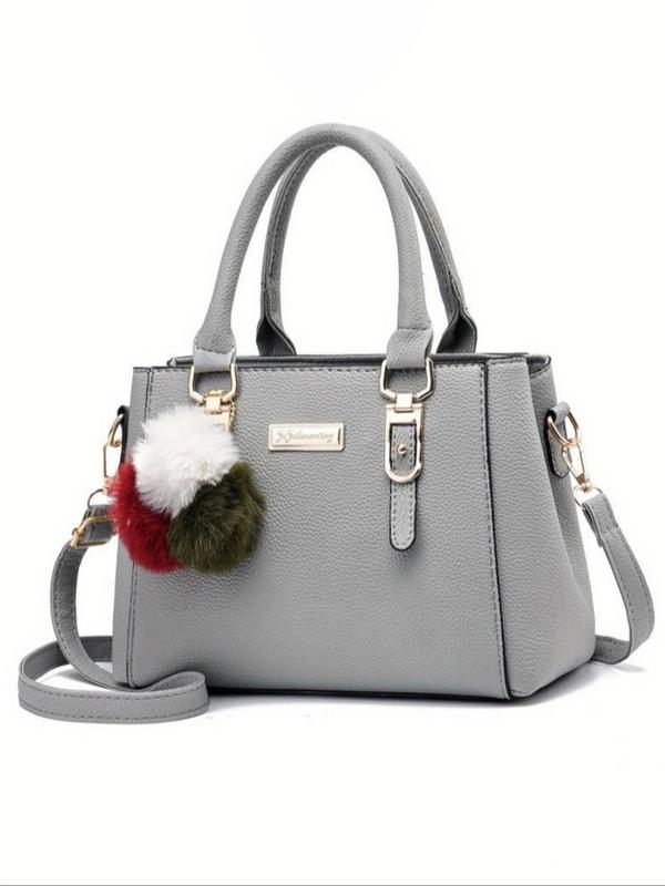 Women's Elegant Solid Color Handbag with Pom Pom Decoration, Fashionable Handbag with Adjustable Strap for Work & Daily Use