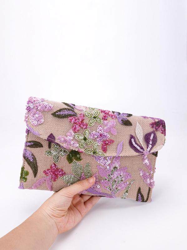 Fashion Floral Pattern Contrast Sequin Decor Envelope Clutch, Casual Versatile Clutch for Women, Trendy High-quality Daily Commuting Bag