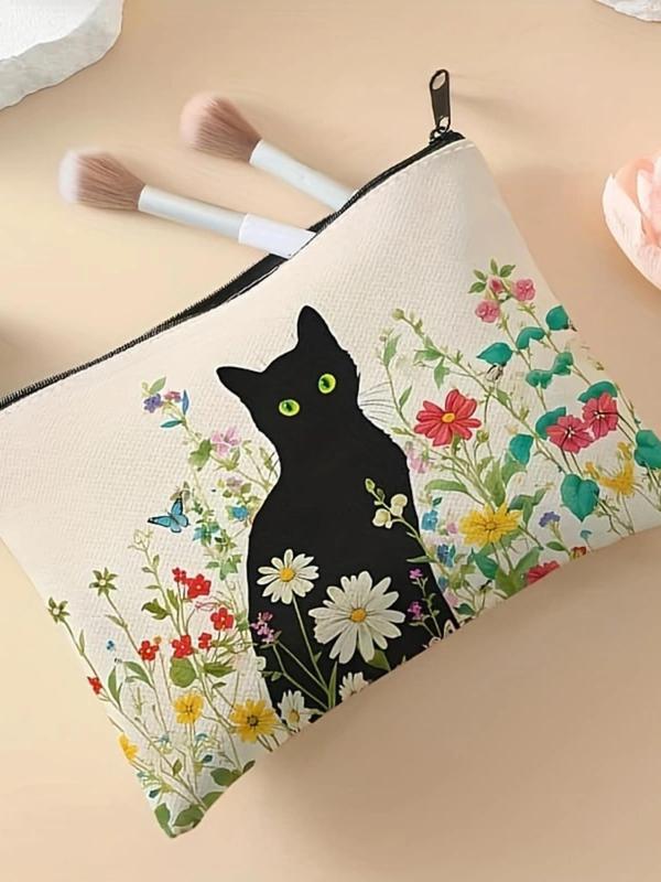 Cat & Floral Pattern Makeup Bag, Multi-functional Storage Bag, Travel Makeup Bag, Suitable for Leisure Travel, Business Trips