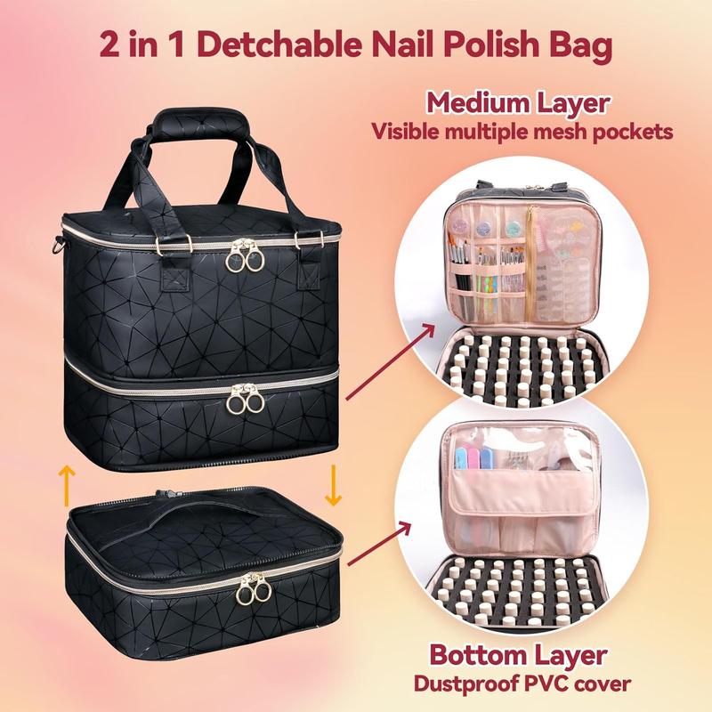 Nail Polish Organizer Bag Holds 84 Bottles (15ml 0.5fl.oz)& Nail Lamp, 3 Layers Detachable Nail Kit Storage Case PU Leather, Large Travel Nail Supplies Shoulder Bag for Manicure Tools (Black)