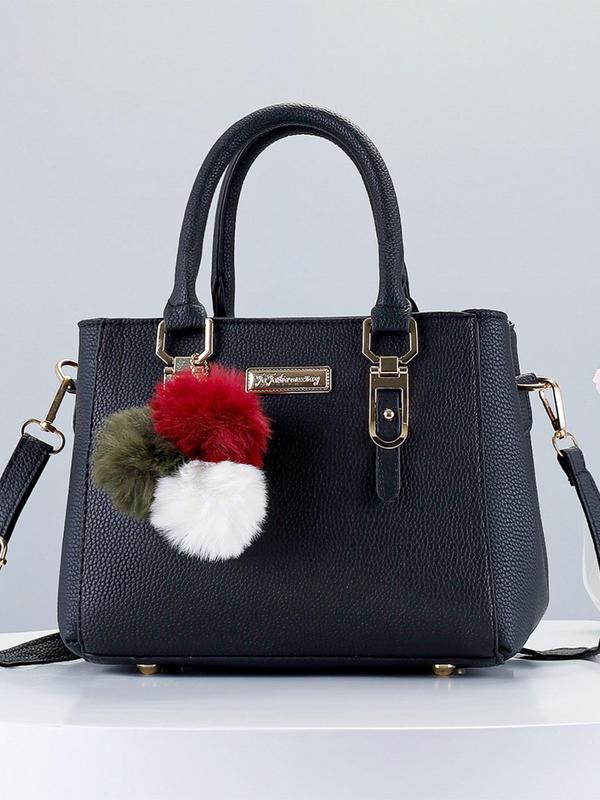 Women's Elegant Solid Color Handbag with Pom Pom Decoration, Fashionable Handbag with Adjustable Strap for Work & Daily Use