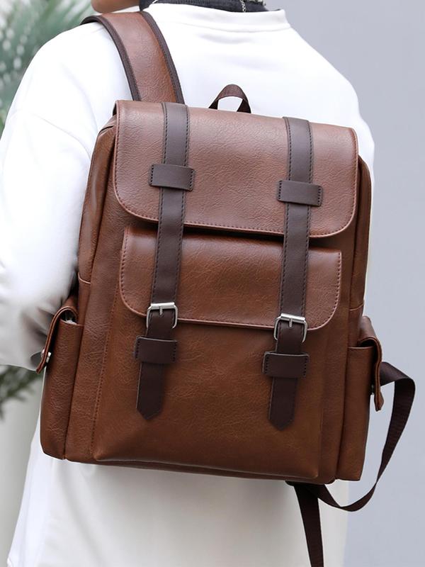 Solid Color Pu Leather Backpack, Fashionable Large Capacity Computer Bag for Men & Women, Casual Trendy Versatile High-quality Daily Commuting Bag