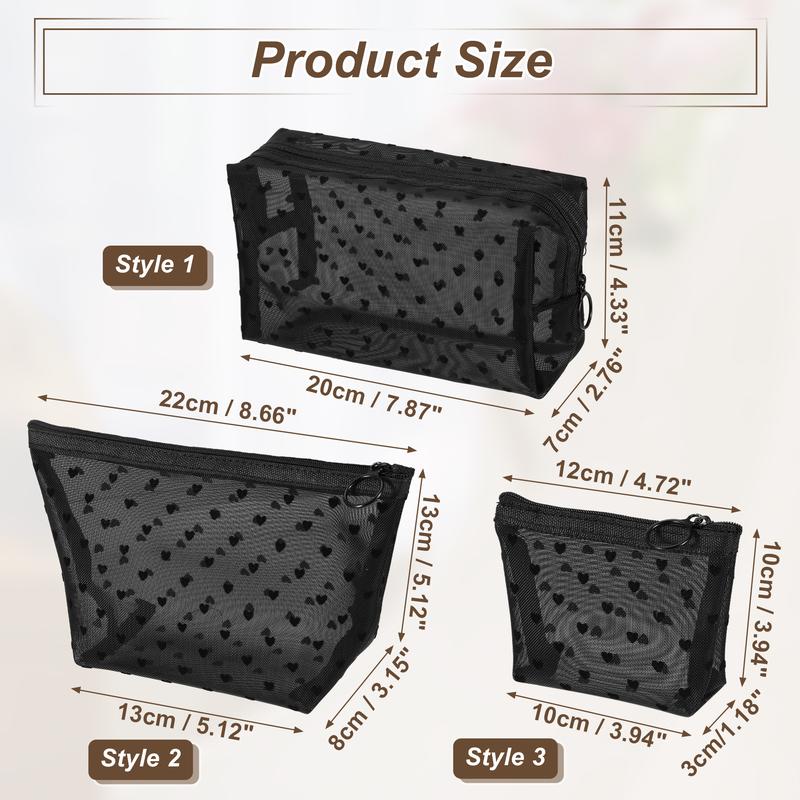 CHEIBEAR 3pcs Heart Shape Print Zipper Clear Mesh Makeup Bag Pouch Black