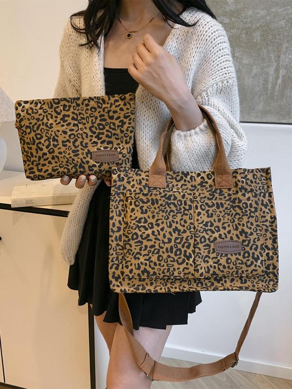 Women's Fashion Leopard Pattern Tote Bag & Clutch Bag, Casual Versatile Shoulder Bag & Clutch Bag, Trendy All-match Bag Set for Daily Use