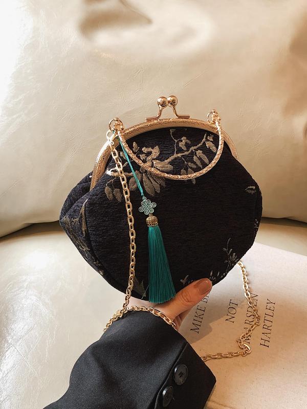 Women's Elegant Bird & Flower Embroidered Kiss Lock Design Handbag with Tassel Charm, Exquisite Trendy Handbag with Chain Strap, Fashionable Crossbody Bag for Daily Use