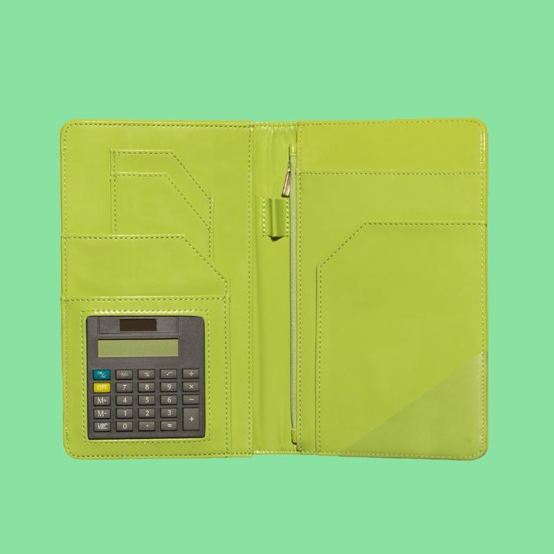 Green Server Book with Magnetic Wallet, Coin Pouch, Card Holder, Calculator, Pen Holder and Pockets