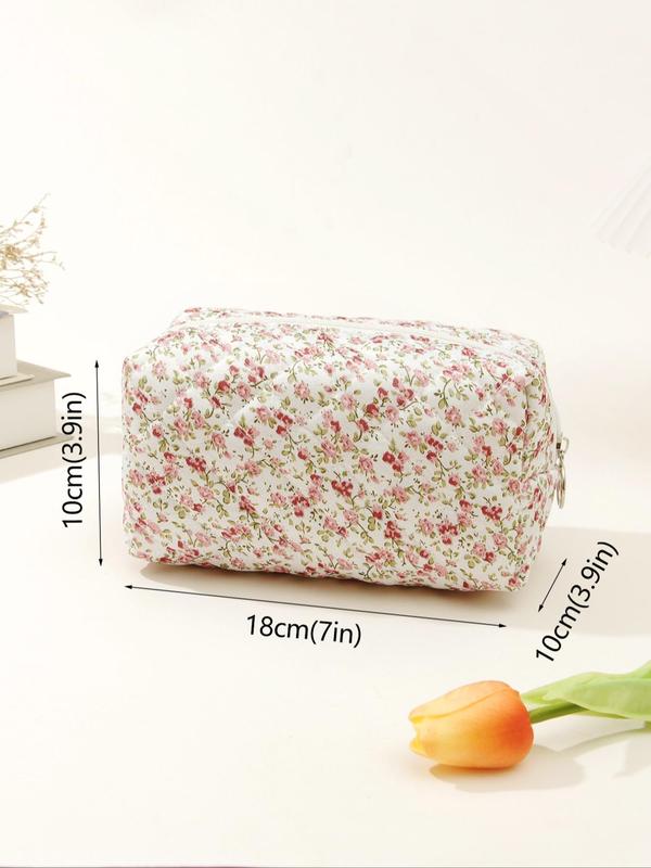 Women's Ditsy Floral Pattern Quilted Makeup Bag, Elegant Large Capacity Cosmetics Storage Bag, Cute Versatile Makeup Storage Bag for Women & Girls