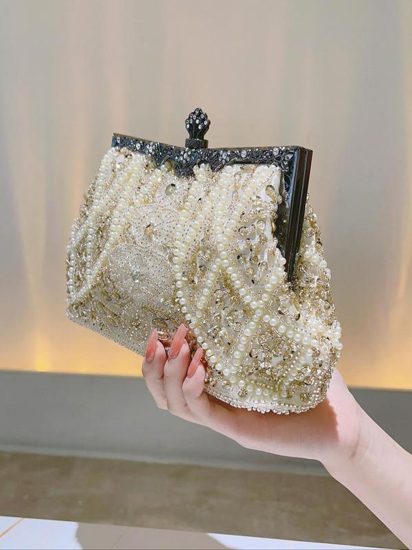 Women's Elegant Faux Pearl Decorated Evening Bag, Exquisite Trendy Rhinestone Decorated Handbag, Fashionable Bag for Party Decoration