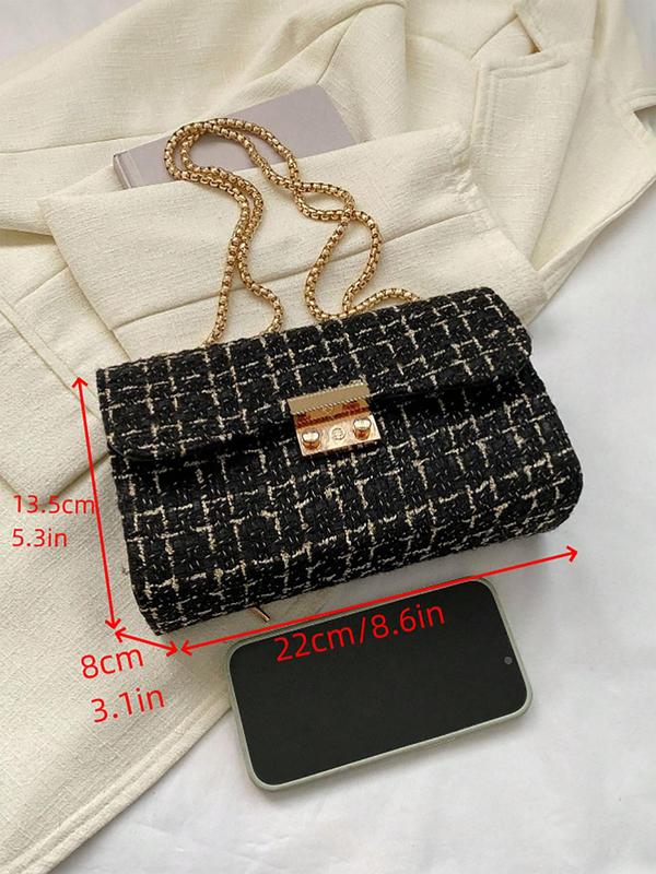 Women's Solid Color Tweed Shoulder Bag, Casual Versatile Crossbody Bag with Chain Strap, Trendy All-match Bag for Daily Use