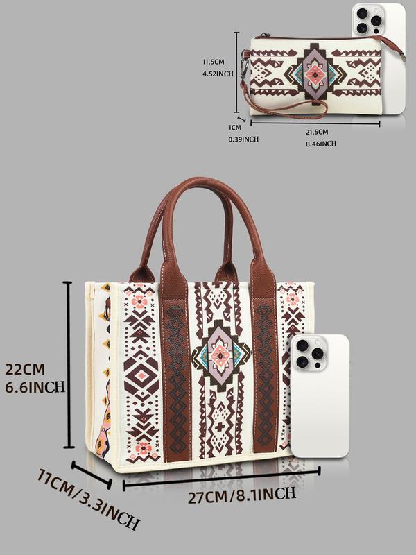 Boho Style Ethnic Pattern Handbag & Wristlet, Vintage Style Crossbody Bag & Wristlet, Fashionable Bag Set for Women