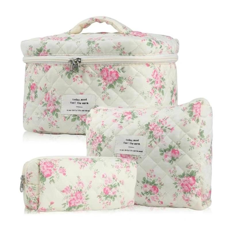 3Pcs Cotton Quited Makeup Bag Set, Quilted Makeup Bag, Large Floral Cosmetic Bag for Women, Cute Cotton Makeup Bags, Flower Travel Toiletry Organizer Bag makeupbag set