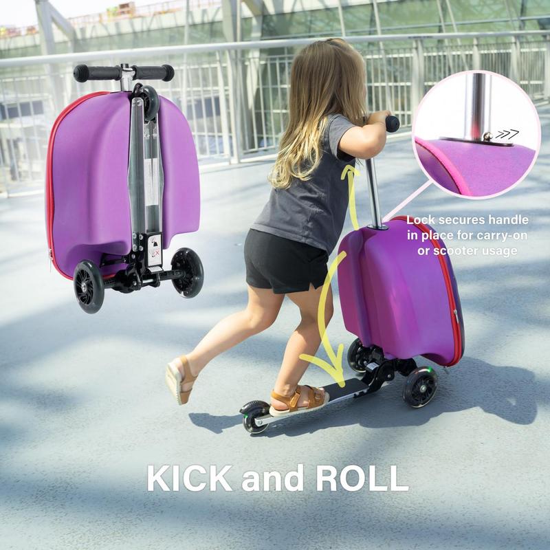 Kiddietotes 3-D Hardshell Ride On Suitcase Scooter for Kids - Unicorn - Cute Lightweight Kids Luggage with Wheels - Fun LED Lights