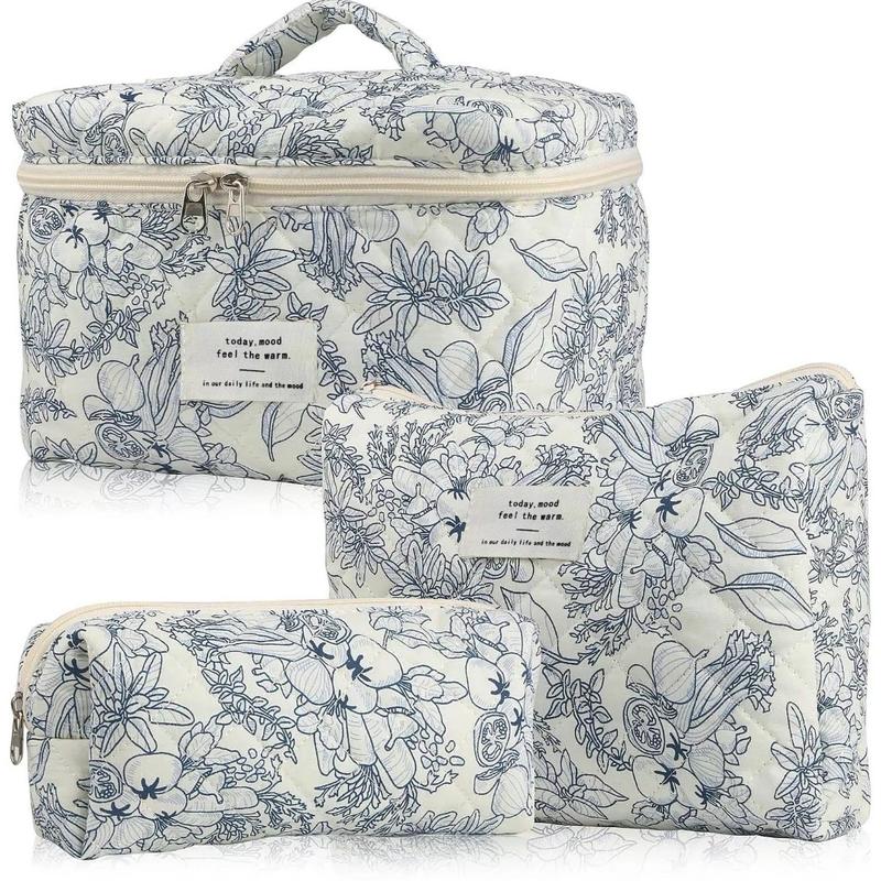 3Pcs Cotton Quited Makeup Bag Set, Quilted Makeup Bag, Large Floral Cosmetic Bag for Women, Cute Cotton Makeup Bags, Flower Travel Toiletry Organizer Bag makeupbag set