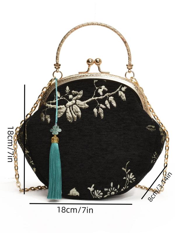 Women's Elegant Bird & Flower Embroidered Kiss Lock Design Handbag with Tassel Charm, Exquisite Trendy Handbag with Chain Strap, Fashionable Crossbody Bag for Daily Use