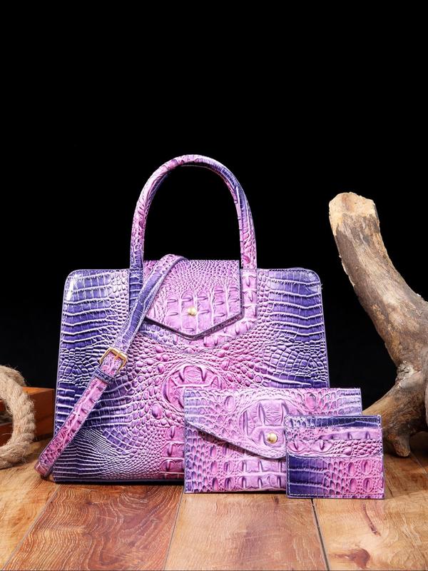 Fashionable Random Crocodile Pattern Bag Set, Large Capacity Shoulder Bag & Clutch Bag & Wallet, Casual Trendy Versatile High-quality Daily Commuting Bag Set, Girl Fashionable Shopping Bag