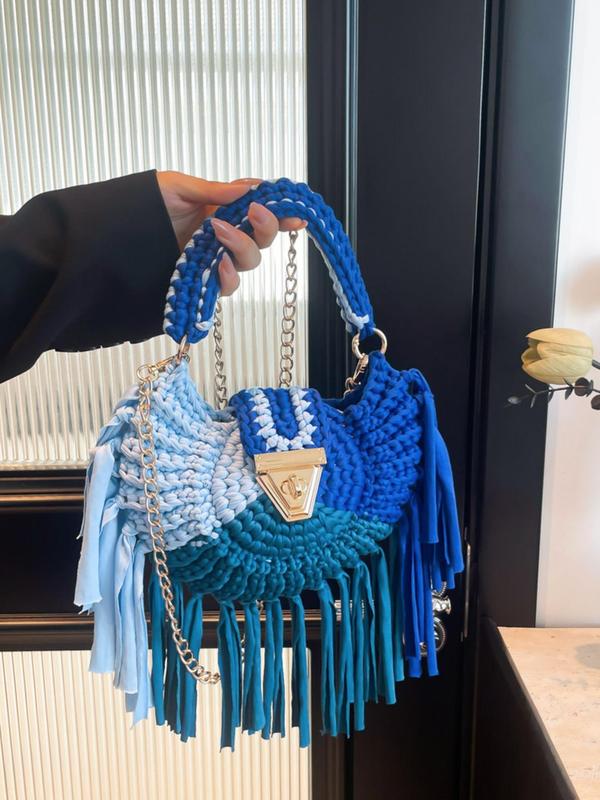 Women's Colorblock Crochet Tassel Decor Crossbody Bag, Fashionable Chain Strap Turn Lock Shoulder Bag for Daily Used, Casual Trendy Versatile High-quality Daily Commuting Bag