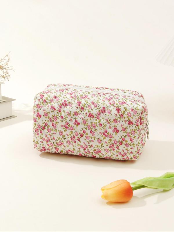 Women's Ditsy Floral Pattern Quilted Makeup Bag, Elegant Large Capacity Cosmetics Storage Bag, Cute Versatile Makeup Storage Bag for Women & Girls