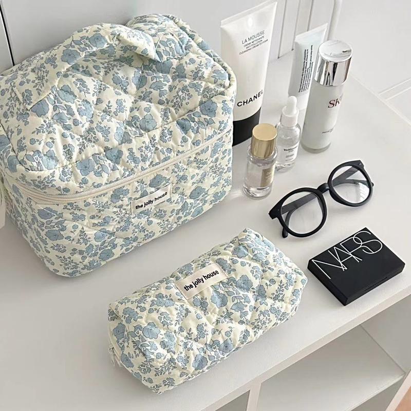 3Pcs Cotton Quited Makeup Bag Set, Quilted Makeup Bag, Large Floral Cosmetic Bag for Women, Cute Cotton Makeup Bags, Flower Travel Toiletry Organizer Bag makeupbag set