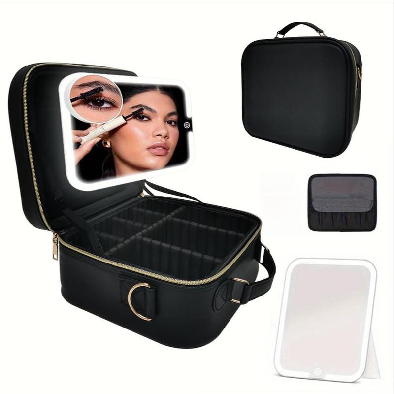 Portable Makeup Bag with Mirror Set, Large Capacity Cosmetic Storage Bag & Rechargeable Mirror with Light, Summer Zipper Makeup Organizer Pouch for Travel, Gym, Vanity Desk Accessories