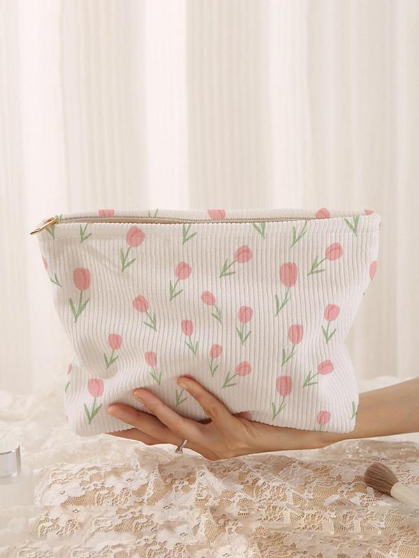 Floral Pattern Corduroy Cosmetic Bag, Multi-functional Makeup Bag, Travel Cosmetic Bag, Suitable for Leisure Travel, Business Trips