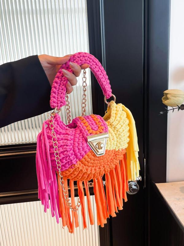 Women's Colorblock Crochet Tassel Decor Crossbody Bag, Fashionable Chain Strap Turn Lock Shoulder Bag for Daily Used, Casual Trendy Versatile High-quality Daily Commuting Bag