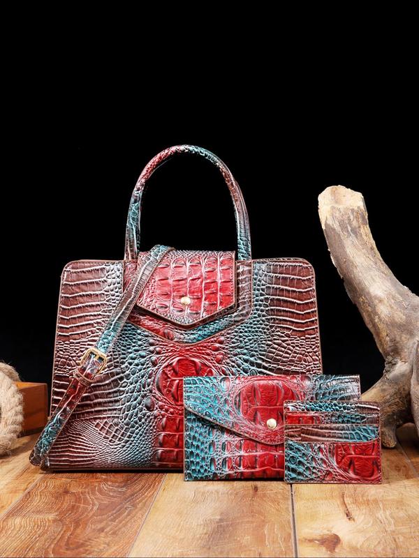 Fashionable Random Crocodile Pattern Bag Set, Large Capacity Shoulder Bag & Clutch Bag & Wallet, Casual Trendy Versatile High-quality Daily Commuting Bag Set, Girl Fashionable Shopping Bag