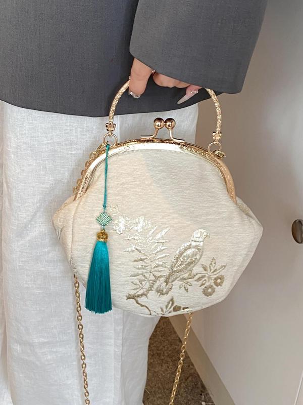 Women's Elegant Bird & Flower Embroidered Kiss Lock Design Handbag with Tassel Charm, Exquisite Trendy Handbag with Chain Strap, Fashionable Crossbody Bag for Daily Use