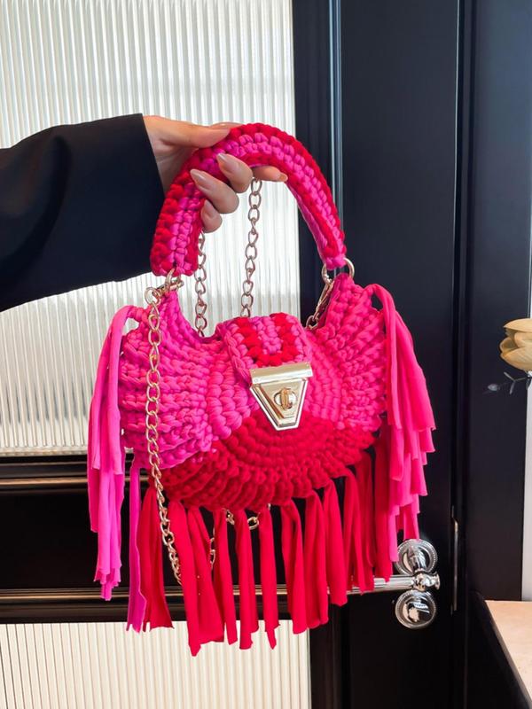 Women's Colorblock Crochet Tassel Decor Crossbody Bag, Fashionable Chain Strap Turn Lock Shoulder Bag for Daily Used, Casual Trendy Versatile High-quality Daily Commuting Bag