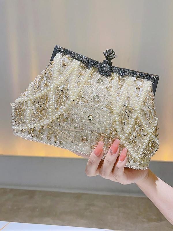 Women's Elegant Faux Pearl Decorated Evening Bag, Exquisite Trendy Rhinestone Decorated Handbag, Fashionable Bag for Party Decoration