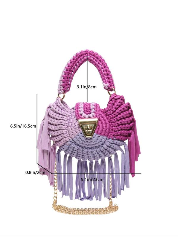 Women's Colorblock Crochet Tassel Decor Crossbody Bag, Fashionable Chain Strap Turn Lock Shoulder Bag for Daily Used, Casual Trendy Versatile High-quality Daily Commuting Bag