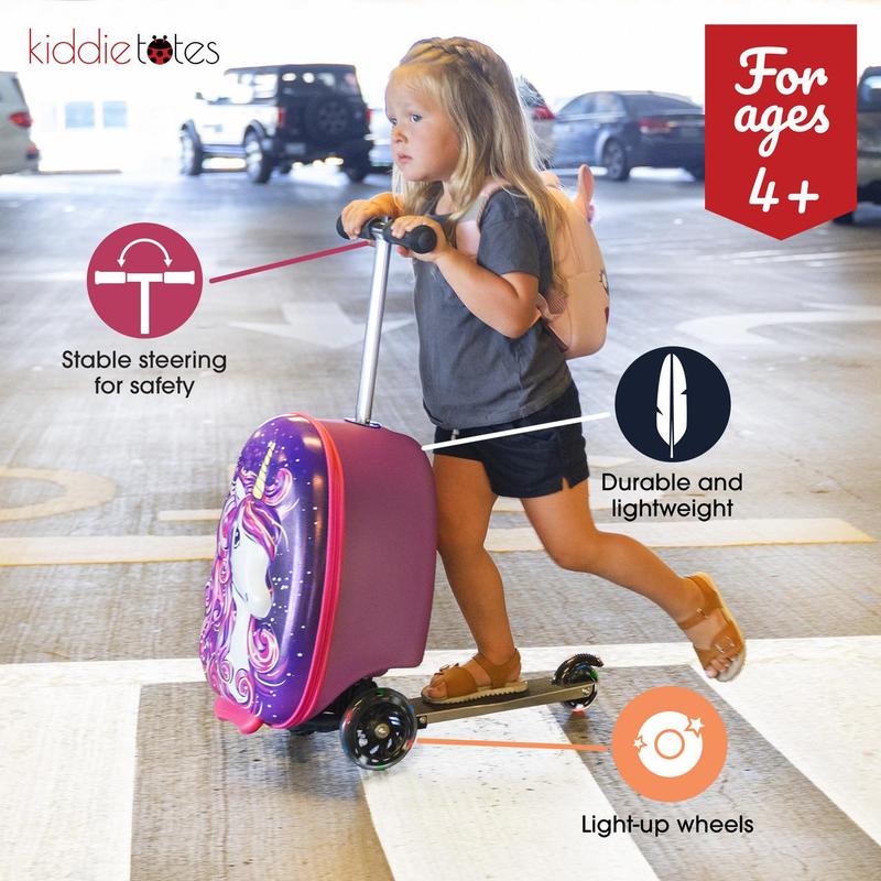 Kiddietotes 3-D Hardshell Ride On Suitcase Scooter for Kids - Unicorn - Cute Lightweight Kids Luggage with Wheels - Fun LED Lights