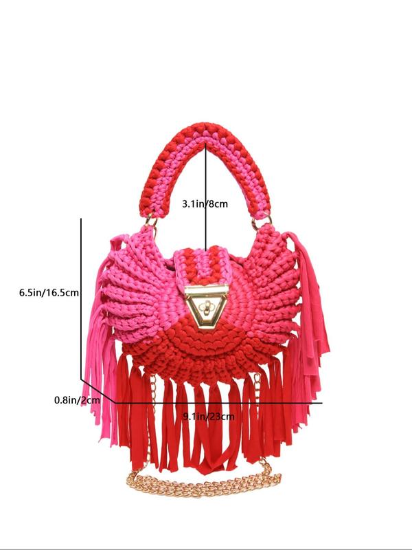 Women's Colorblock Crochet Tassel Decor Crossbody Bag, Fashionable Chain Strap Turn Lock Shoulder Bag for Daily Used, Casual Trendy Versatile High-quality Daily Commuting Bag