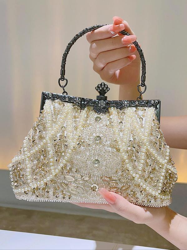 Women's Elegant Faux Pearl Decorated Evening Bag, Exquisite Trendy Rhinestone Decorated Handbag, Fashionable Bag for Party Decoration