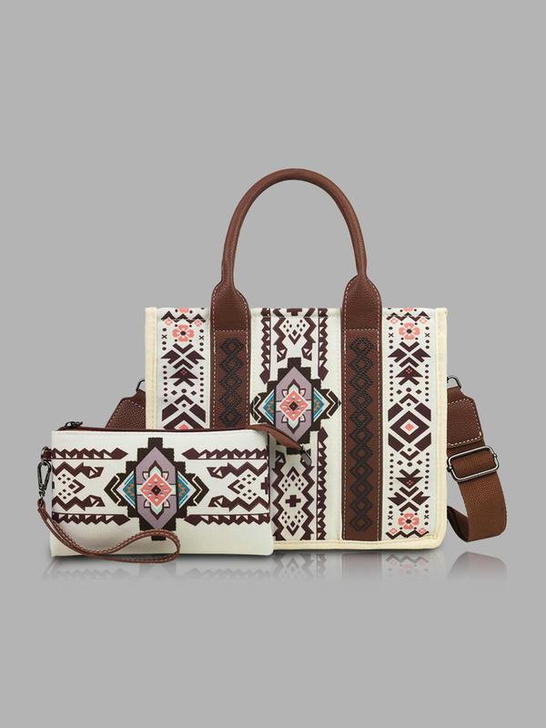 Boho Style Ethnic Pattern Handbag & Wristlet, Vintage Style Crossbody Bag & Wristlet, Fashionable Bag Set for Women