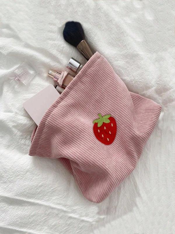 Casual Corduroy Makeup Bag for Women, 2024 Trendy Strawberry Patched Cosmetic Storage Bag, Portable Travel Wash Bag