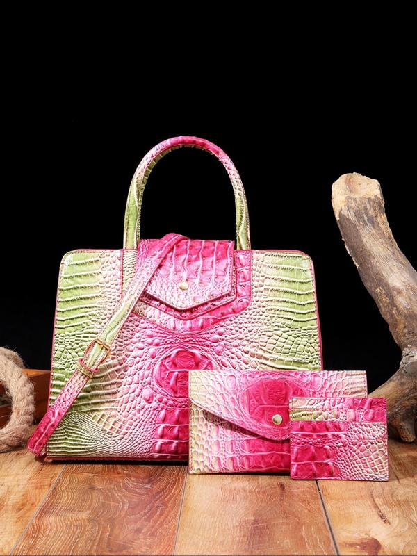 Fashionable Random Crocodile Pattern Bag Set, Large Capacity Shoulder Bag & Clutch Bag & Wallet, Casual Trendy Versatile High-quality Daily Commuting Bag Set, Girl Fashionable Shopping Bag