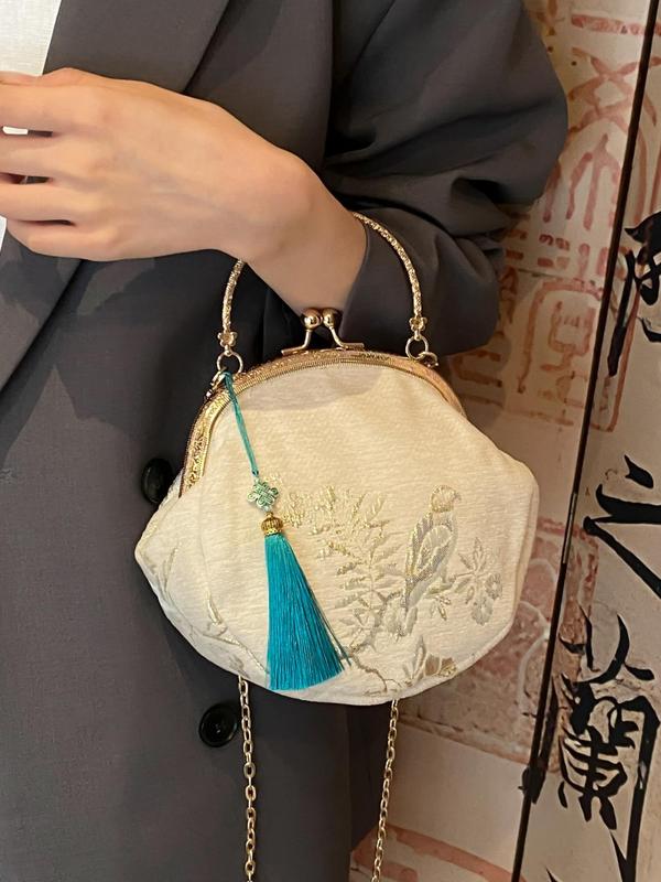 Women's Elegant Bird & Flower Embroidered Kiss Lock Design Handbag with Tassel Charm, Exquisite Trendy Handbag with Chain Strap, Fashionable Crossbody Bag for Daily Use