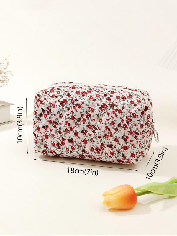 Women's Ditsy Floral Pattern Quilted Makeup Bag, Elegant Large Capacity Cosmetics Storage Bag, Cute Versatile Makeup Storage Bag for Women & Girls