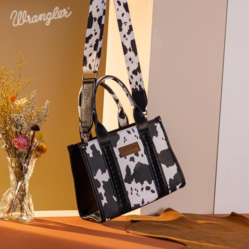 Wrangler Cow Print Tote Bag for Women Western Purse Boho Top Handle Stachel Handbag with Guitar Strap Gift Black, XY WG133-8120SBK wrangler tote bag