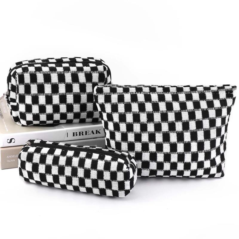 Makeup Bag 3 Pieces Large Capacity Checkered Cosmetic Bag Canvas Travel Toiletry Bag Organizer Cute Makeup Bag Pouch Storage Bag for Women