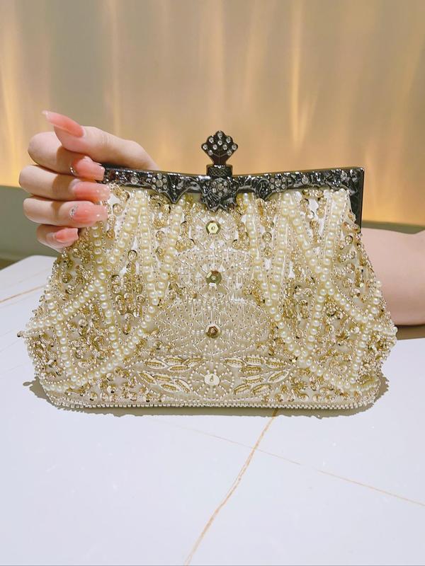 Women's Elegant Faux Pearl Decorated Evening Bag, Exquisite Trendy Rhinestone Decorated Handbag, Fashionable Bag for Party Decoration