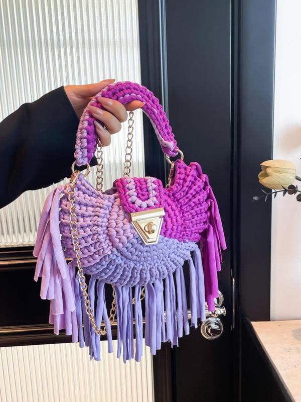 Women's Colorblock Crochet Tassel Decor Crossbody Bag, Fashionable Chain Strap Turn Lock Shoulder Bag for Daily Used, Casual Trendy Versatile High-quality Daily Commuting Bag