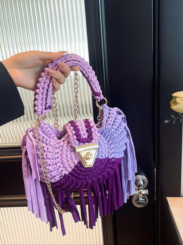 Women's Colorblock Crochet Tassel Decor Crossbody Bag, Fashionable Chain Strap Turn Lock Shoulder Bag for Daily Used, Casual Trendy Versatile High-quality Daily Commuting Bag