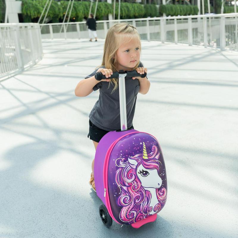 Kiddietotes 3-D Hardshell Ride On Suitcase Scooter for Kids - Unicorn - Cute Lightweight Kids Luggage with Wheels - Fun LED Lights