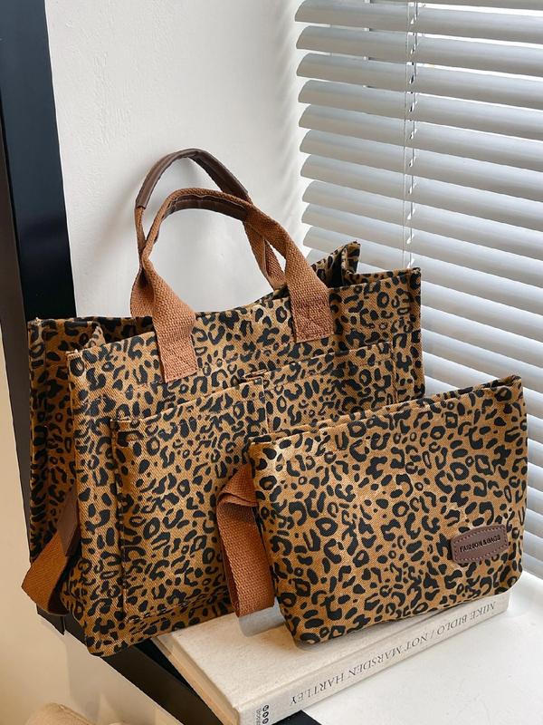 Women's Fashion Leopard Pattern Tote Bag & Clutch Bag, Casual Versatile Shoulder Bag & Clutch Bag, Trendy All-match Bag Set for Daily Use